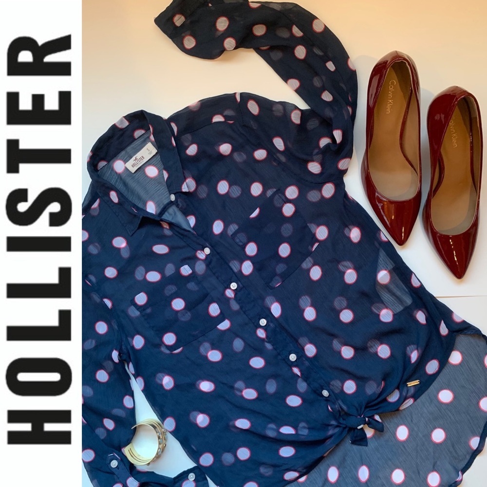 Hollister navy blue white dots knot shirt Small